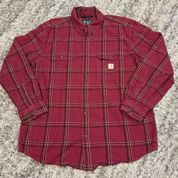 Carhartt Men's Burgundy Plaid Button Down loose fit shirt sz large - Picture 2 of 5